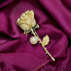 Gold Tone Rose and Thorn Brooch Rhinestone Flower Pin Faux